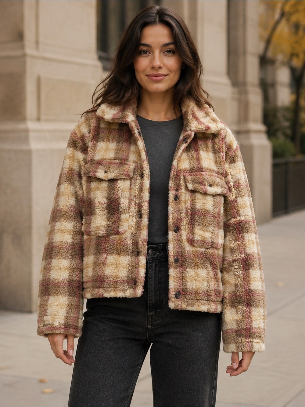 Avec Les Filles Plaid Teddy Jacket in Cream, Brown & Rust